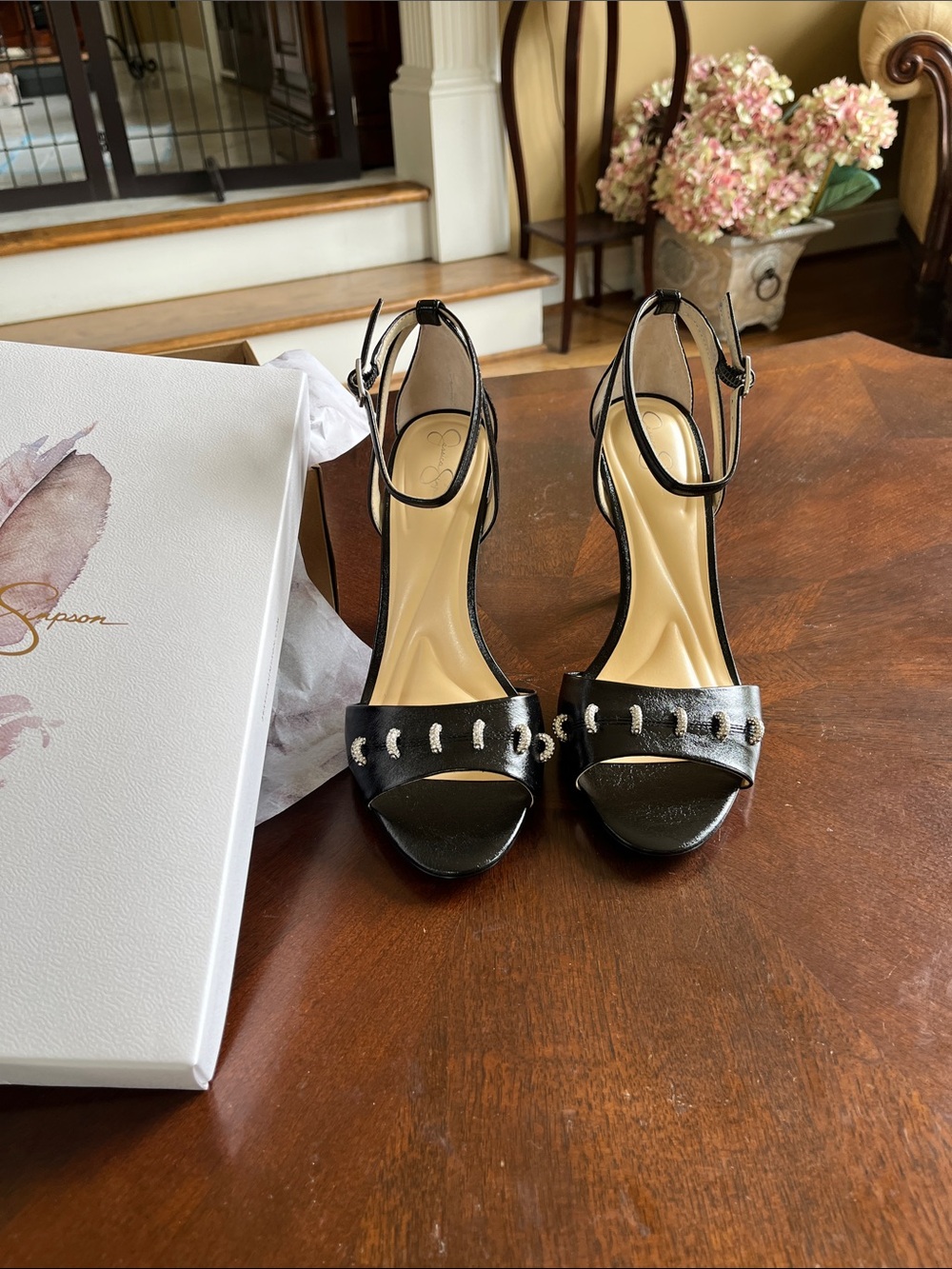 Jessica Simpson Black Open-Toe Ankle-Strap Heels with Silver Stitching